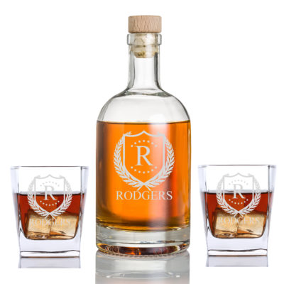 Personalized ShieldStar Whiskey Bourbon Cube Rocks Glass Set Bottle