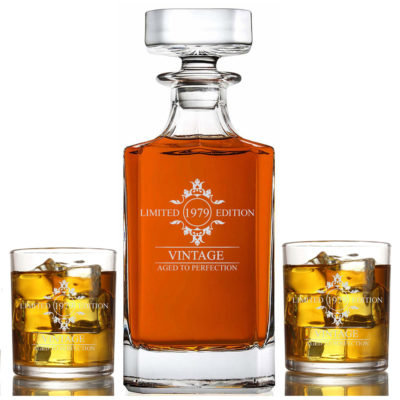 Limited Edition Personalized 3 Piece Whiskey Decanter with Rock Glasses Set