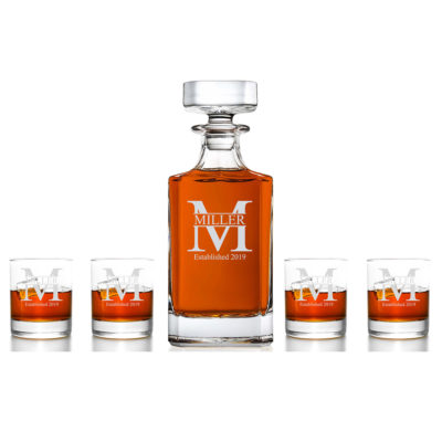 Miller Personalized 5 pc Whiskey Decanter & Rock Glass Set