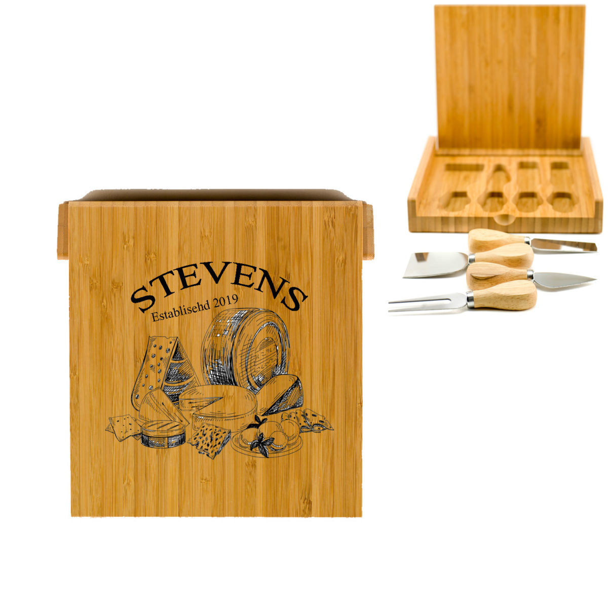 Personalized Engraved Cheese Board Tray & Knife Tool Set
