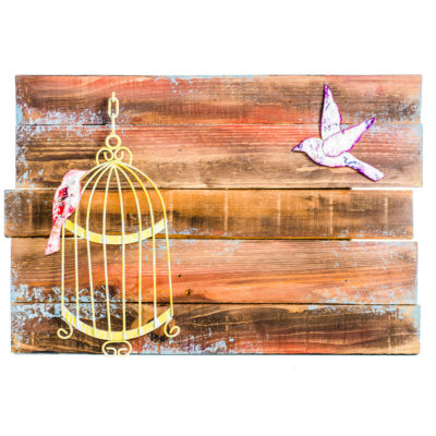 Artisan Crafted Wood and Iron Plasma Cut | Wall Decor | Bird Cage Horz