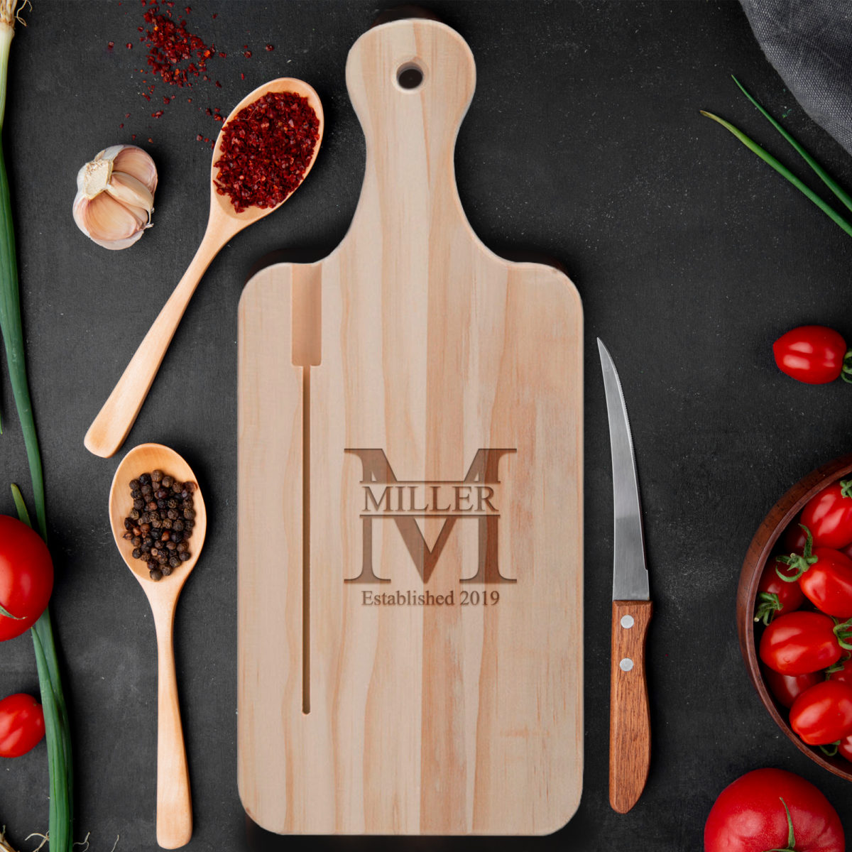 Personalized Monogram Charcuterie Cutting Board w/ Knife Slot and Handle