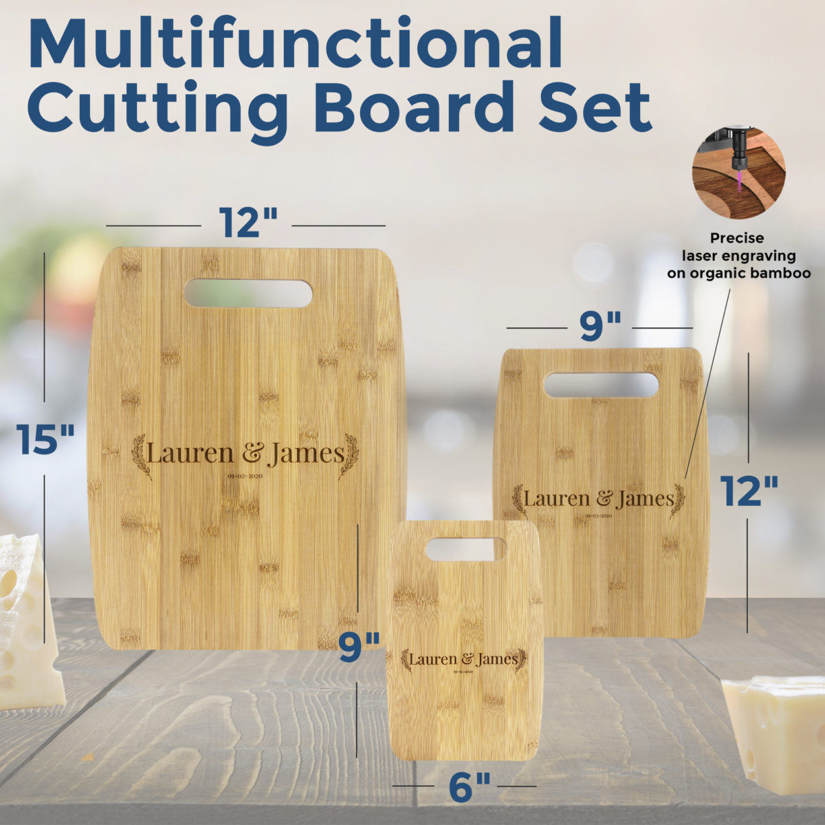 Personalized Laurel Couple Bamboo Cutting Board Set of 3 - Image 2