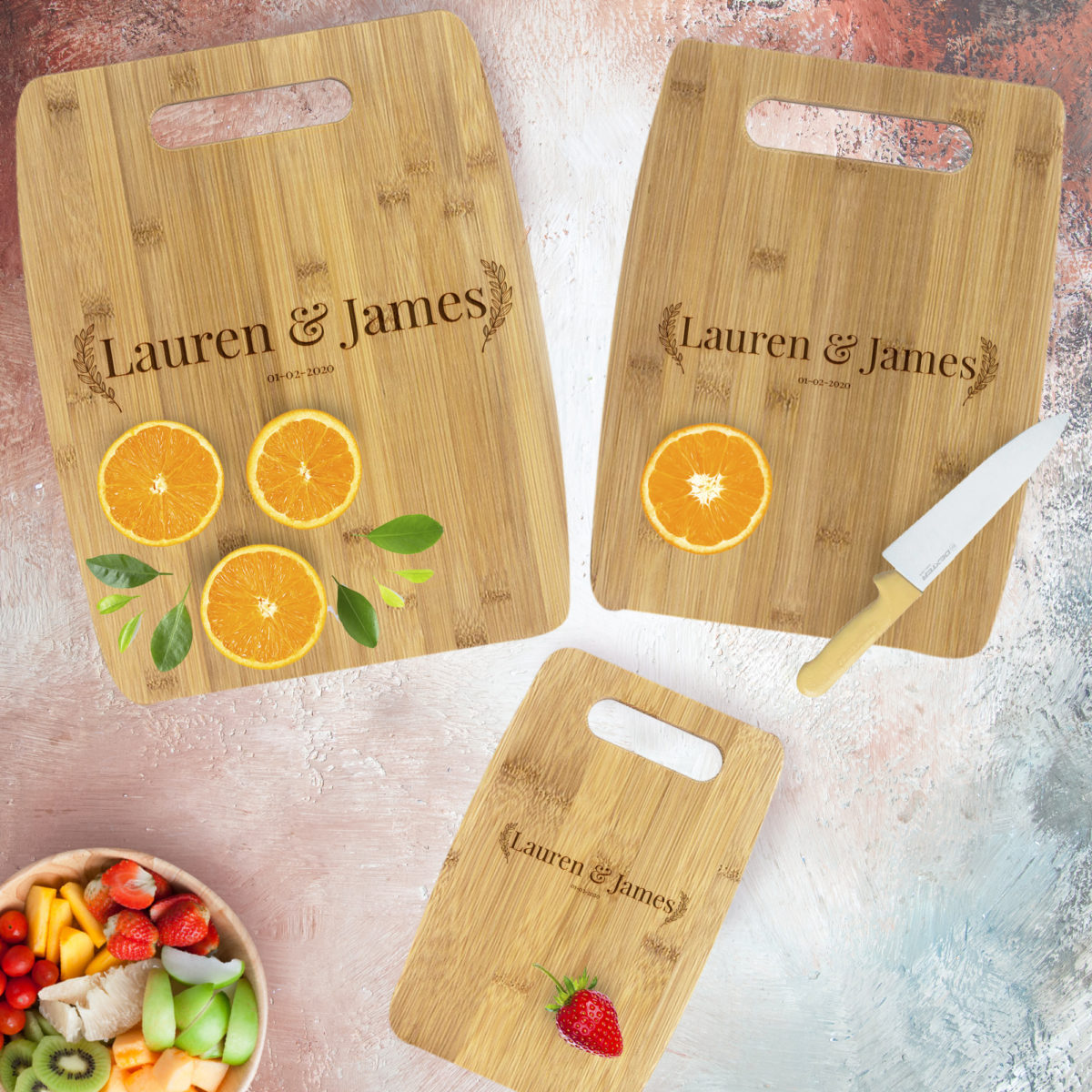 Personalized Laurel Couple Bamboo Cutting Board Set of 3