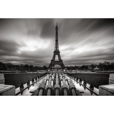 Eiffel Tower and Cloudy Sky Black & White Acrylic Print