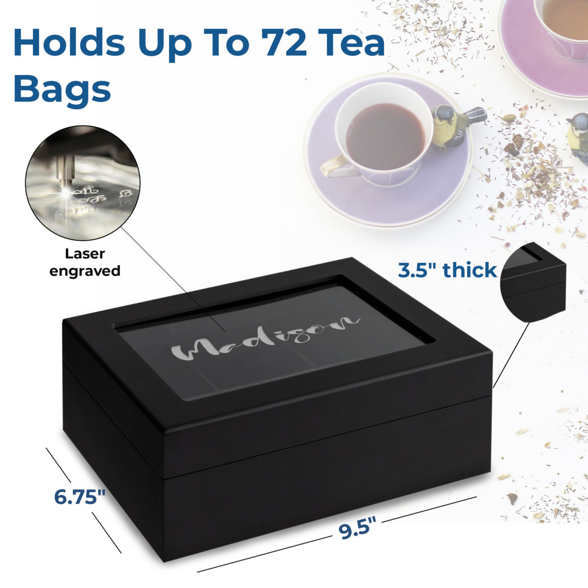 Personalized Black Wood 6 Compartment Tea Chest w/ Window - Image 2