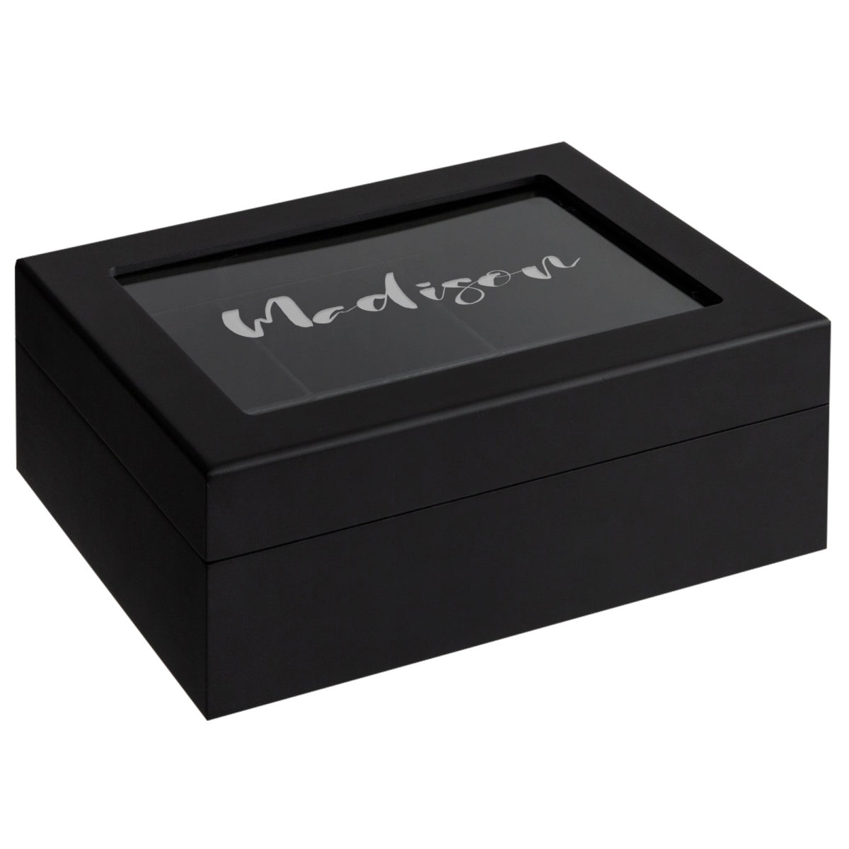 Personalized Black Wood 6 Compartment Tea Chest w/ Window - Image 4