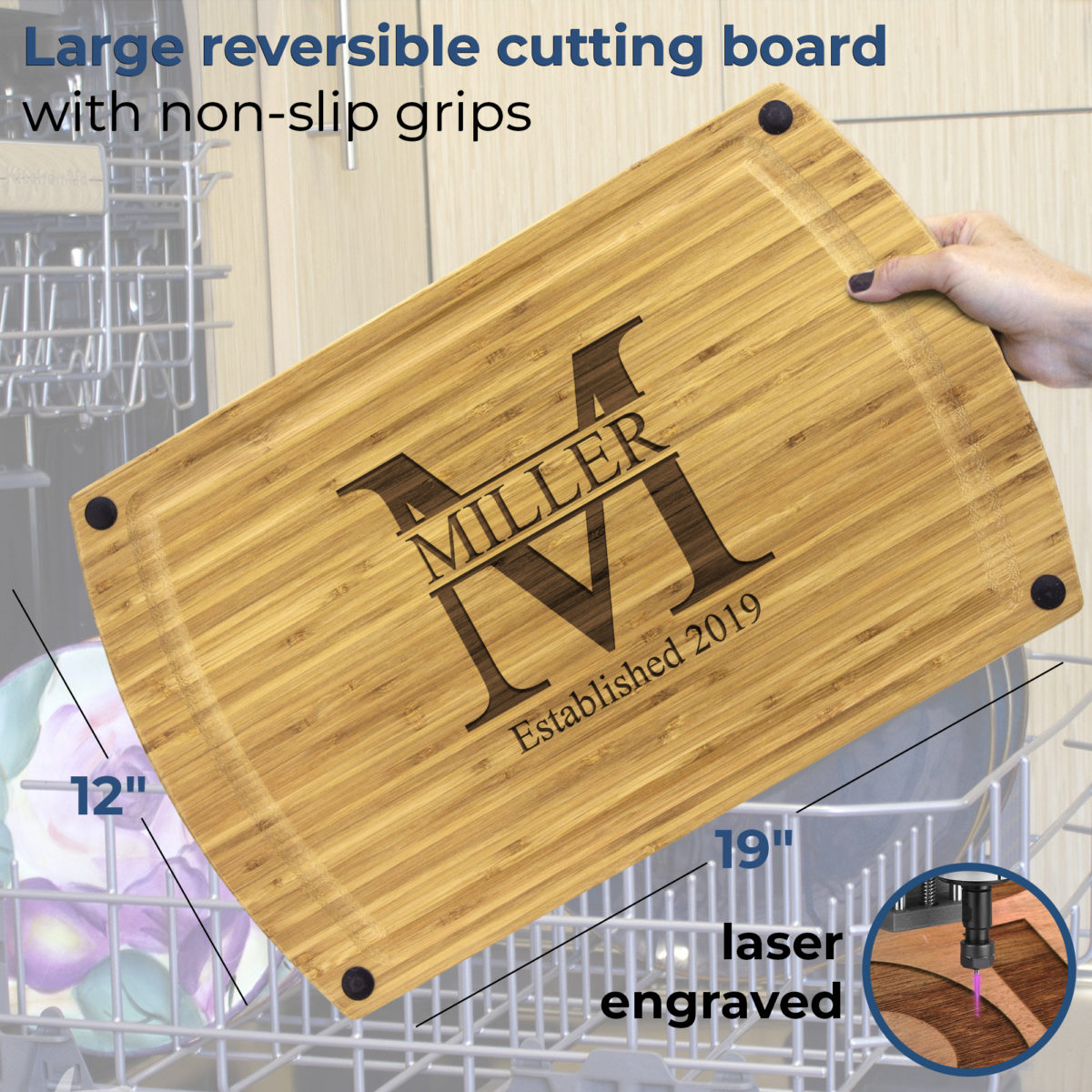Personalized Monogram Dishwasher Safe Bamboo Carving Board - Image 2