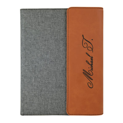 custom laser engraved canvas and leatherette faux leather portfolio with notepad