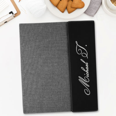 custom laser engraved canvas and leatherette faux leather portfolio with notepad