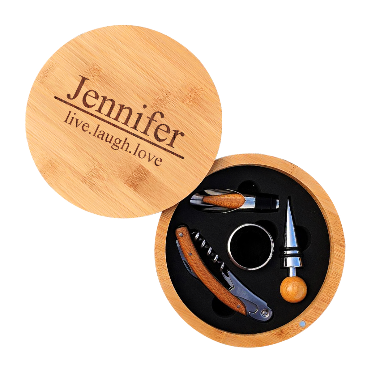 Personalized Bamboo Round 4 Piece Wine Tool Set - Image 5