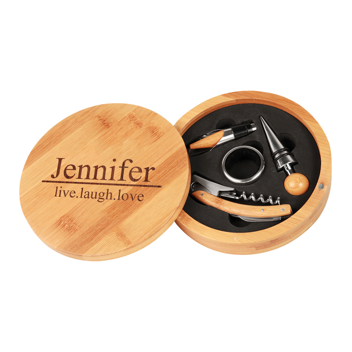 Personalized Bamboo Round 4 Piece Wine Tool Set - Image 7