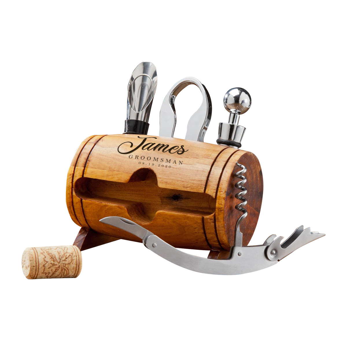 Personalized laser engraved 4 piece wine tool wood barrel