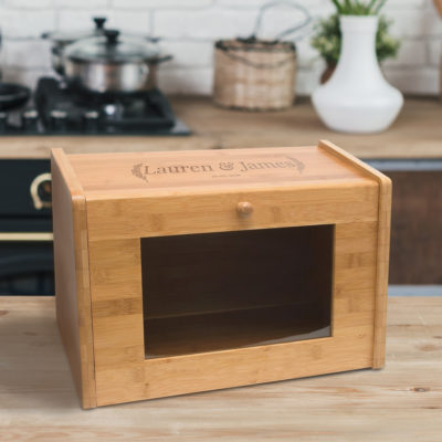 Personalized Laurel Seal Bamboo Bread Box with Acrylic Glass Window