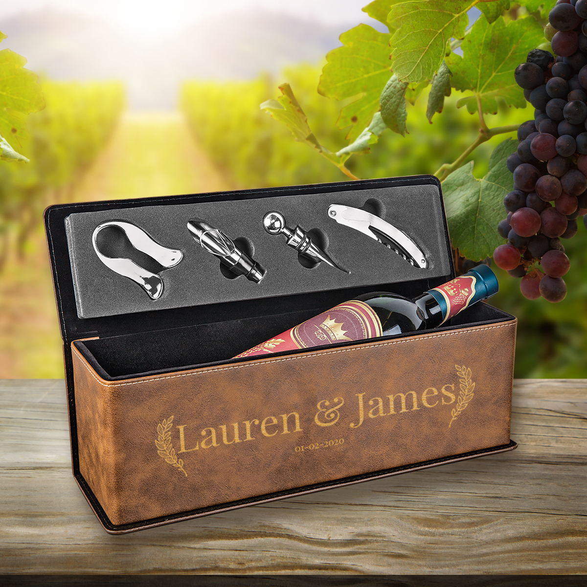 Personalized Leatherette Wine Box with Tool Set
