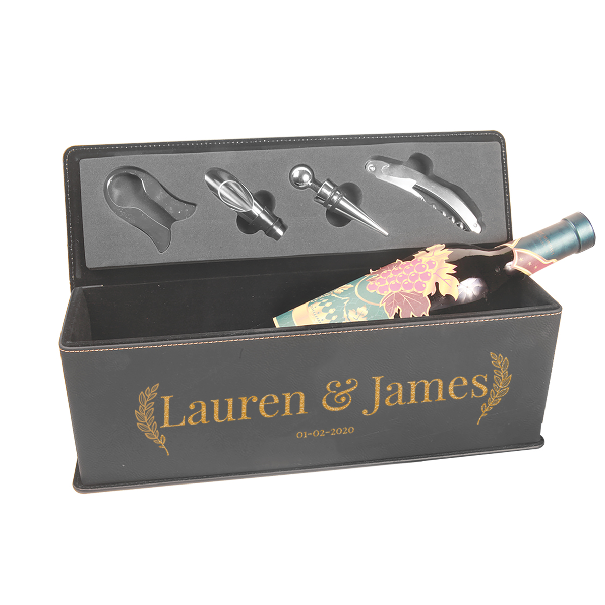 Personalized Leatherette Wine Box with Tool Set - Image 11