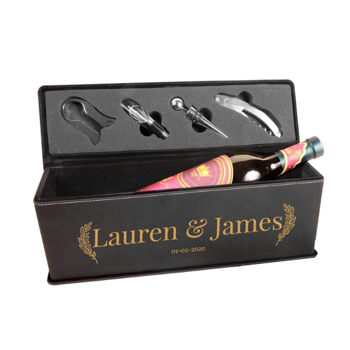 Personalized Leatherette Wine Box with Tool Set - Image 2