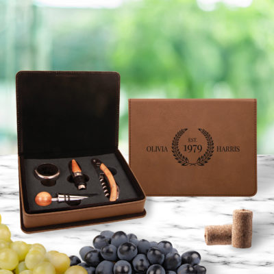Personalized Laurel Seal Leatherette 4 Piece Wine Tool Set