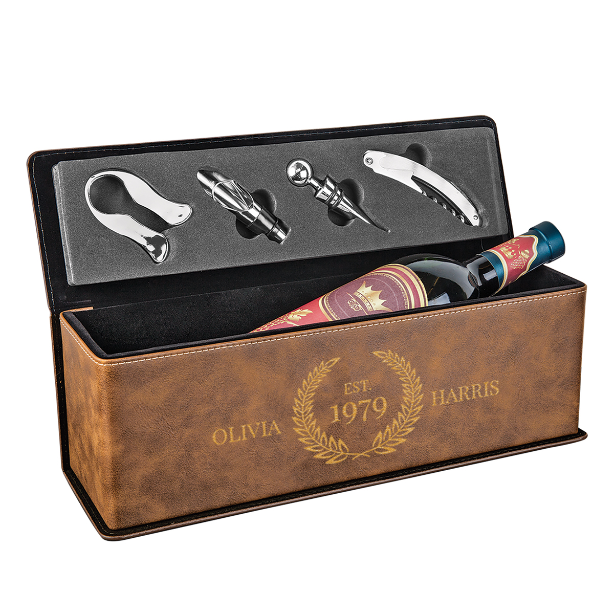 Personalized Leatherette Laurel Seal Wine Box with Tool Set - Image 6