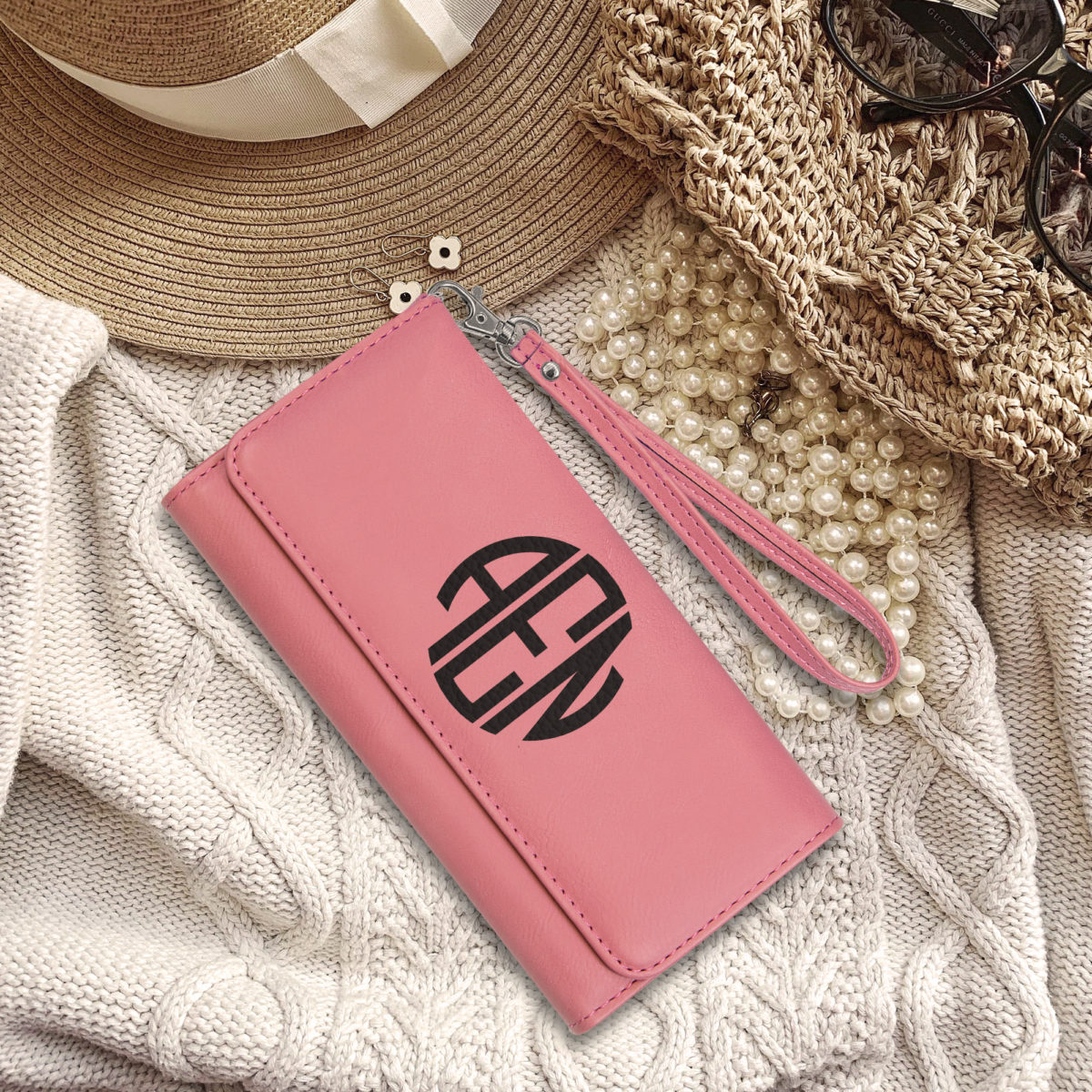 Personalized Round Monogram Vegan Trifold Clutch