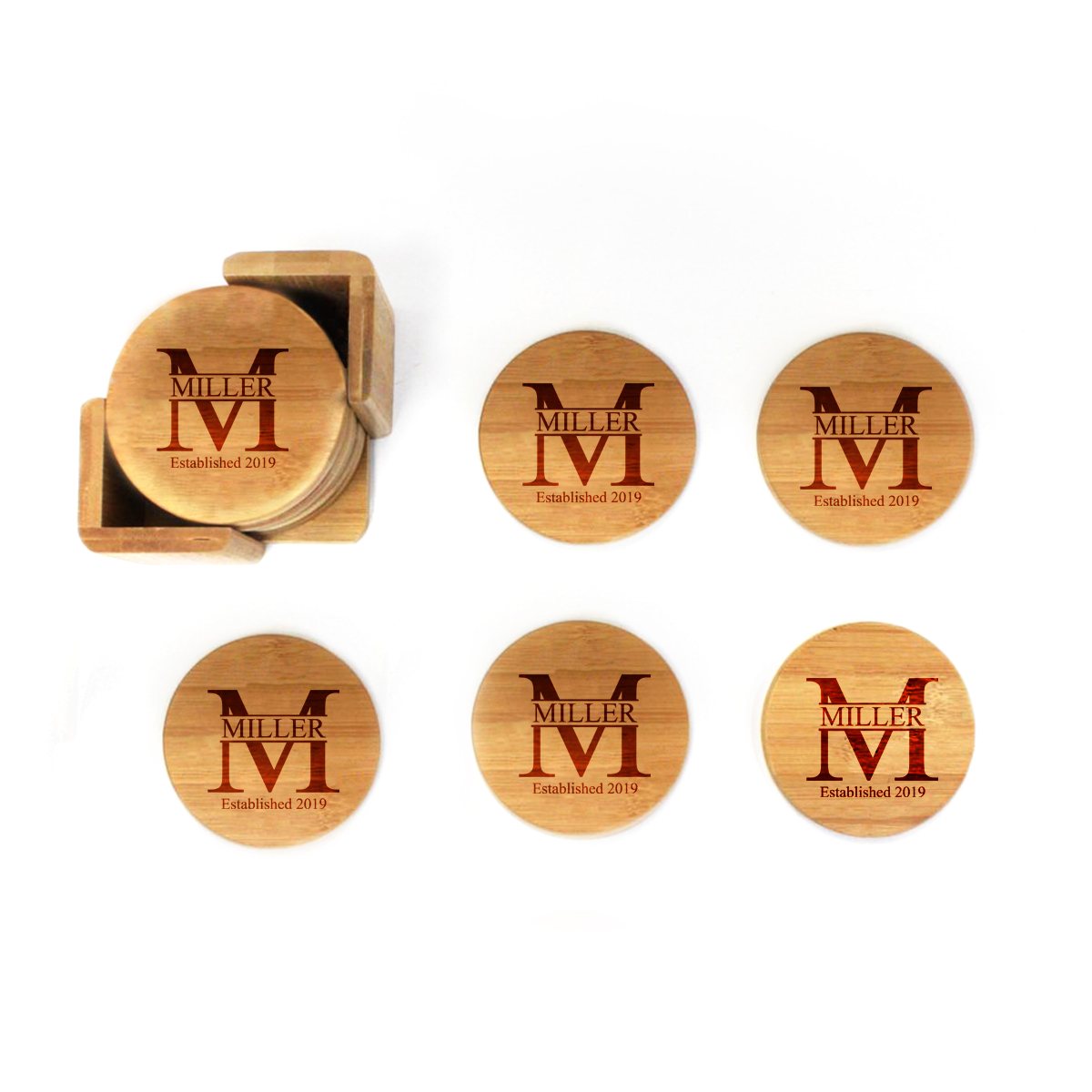 Personalized Miller Round Bamboo Coaster Set - Image 5