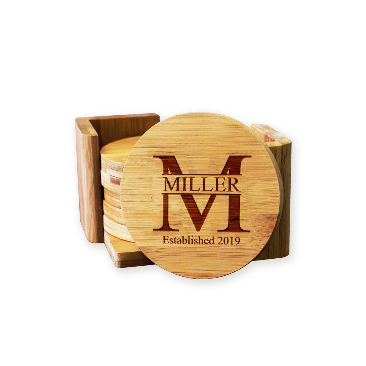 Personalized Miller Round Bamboo Coaster Set - Image 4