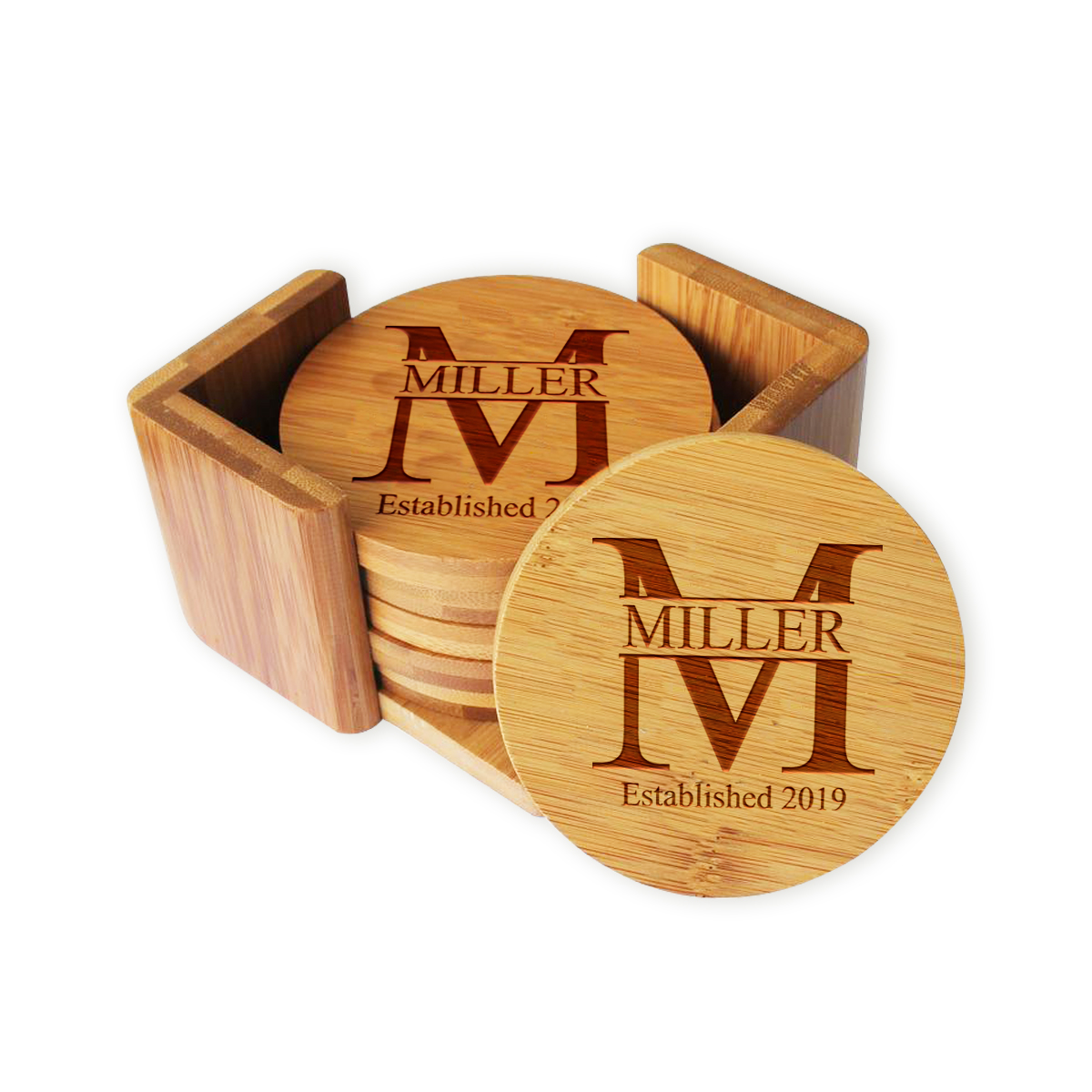 Personalized Miller Round Bamboo Coaster Set - Image 3