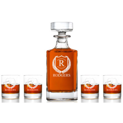 ShieldStar Personalized 5 pc Whiskey Decanter Set Rock Glass