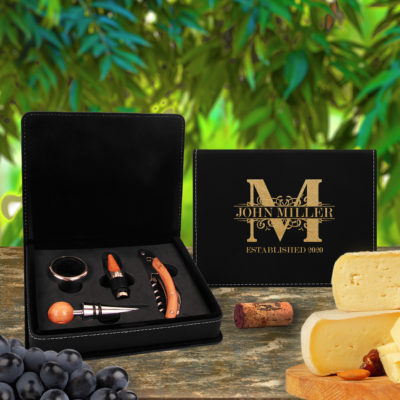 Personalized Royal Monogram Leatherette 4 Piece Wine Tool Set