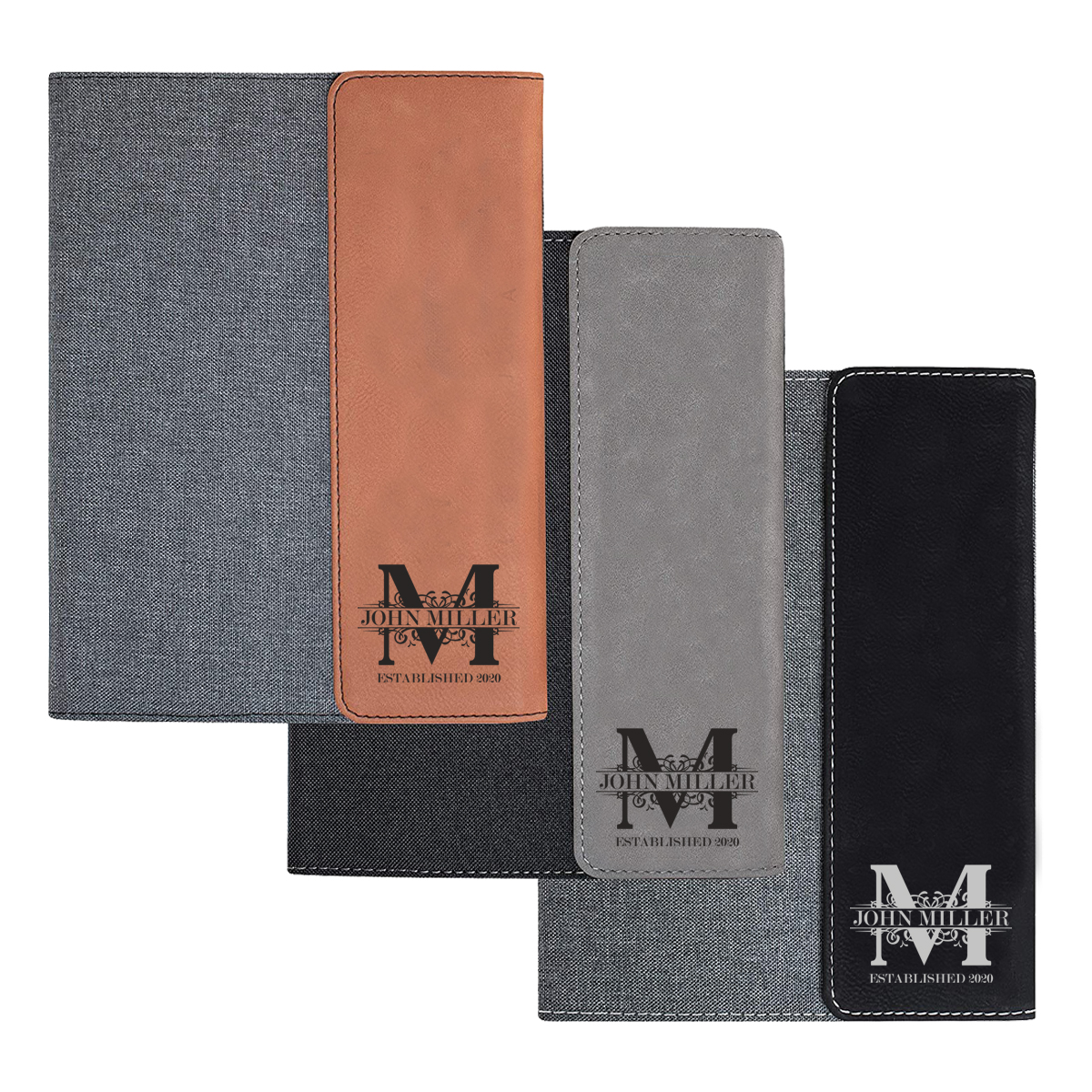 custom laser engraved canvas and leatherette faux leather portfolio with notepad