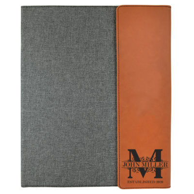 custom laser engraved canvas and leatherette faux leather portfolio with notepad