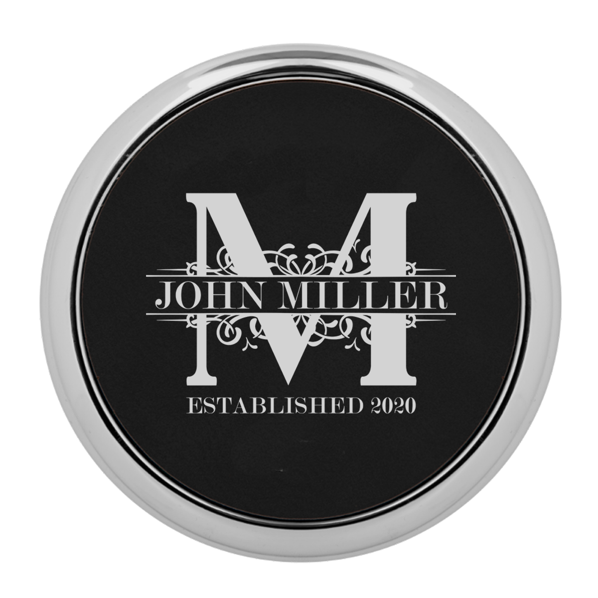 Personalized Royal Monogram Round Leatherette Coaster w/ Silver Edge Set - Image 6