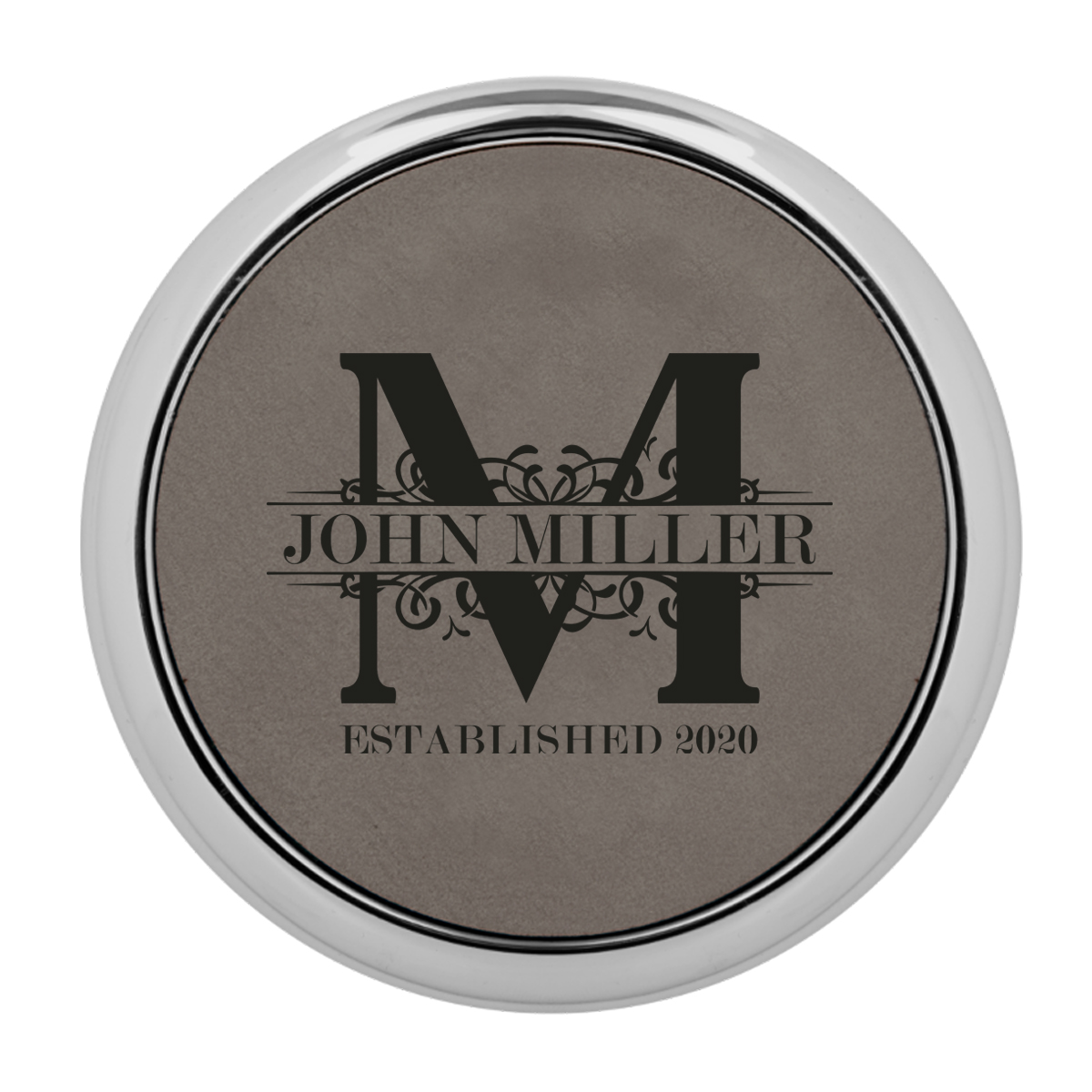Personalized Royal Monogram Round Leatherette Coaster w/ Silver Edge Set - Image 7