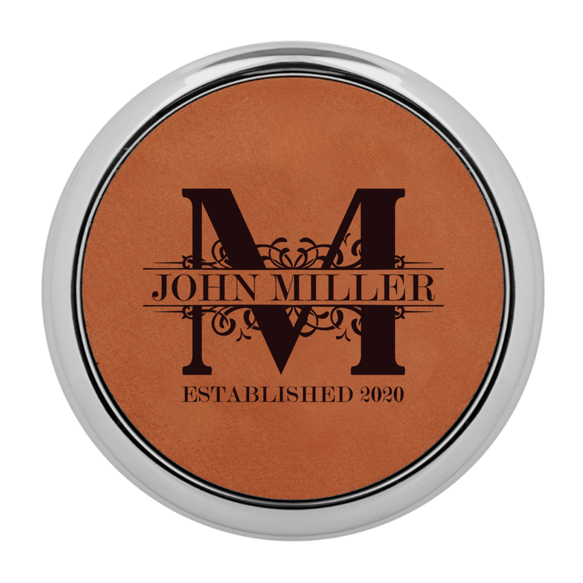Personalized Royal Monogram Round Leatherette Coaster w/ Silver Edge Set - Image 8