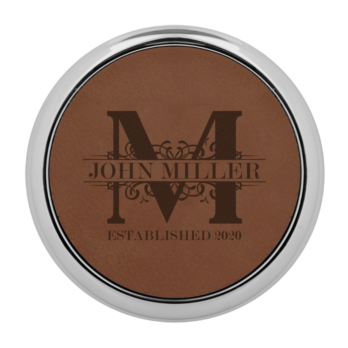Personalized Royal Monogram Round Leatherette Coaster w/ Silver Edge Set - Image 9