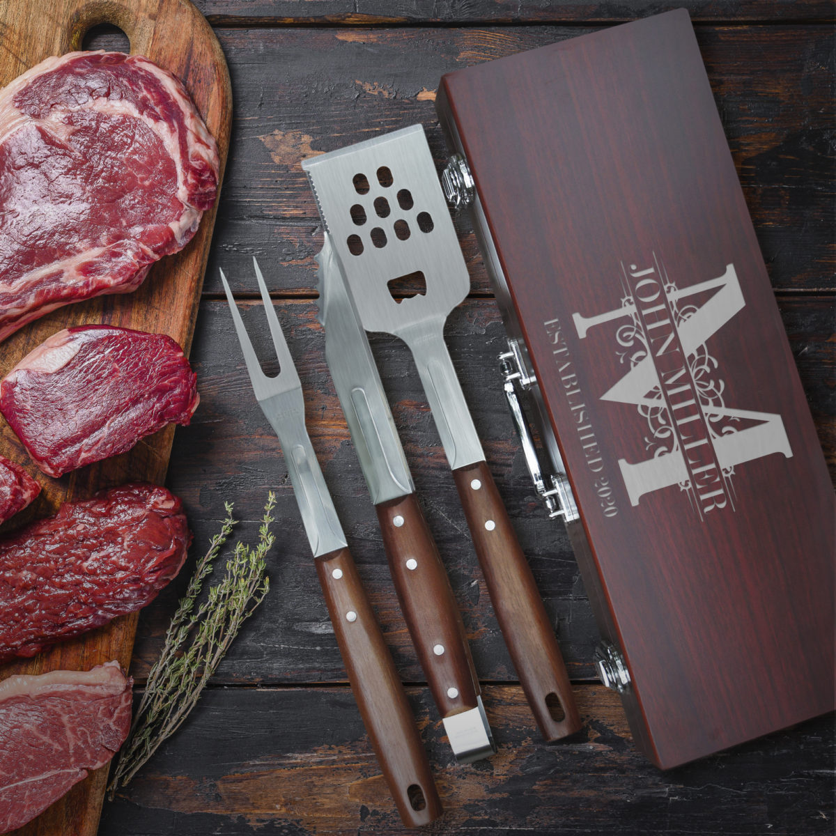 Personalized Royal Monogram 3-Piece Rosewood BBQ Tool Set
