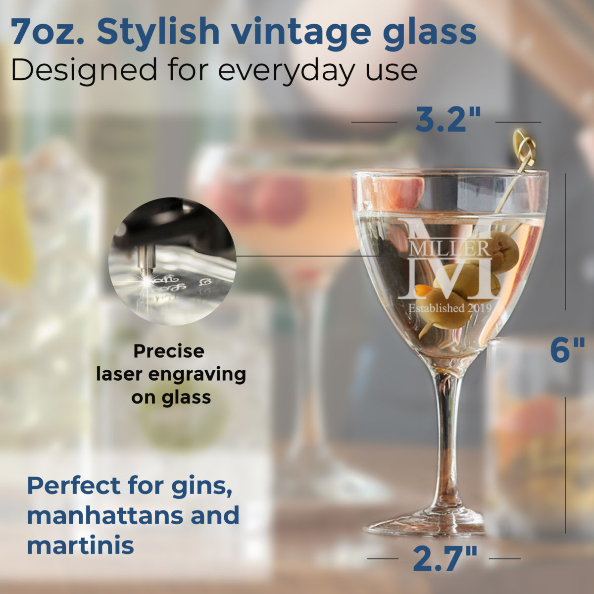 Personalized Monogram 7oz. Vintage Nick and Nora Martini Glass - Image 2