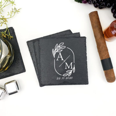 Personalized Wedding Monogram Square Slate Coaster Set