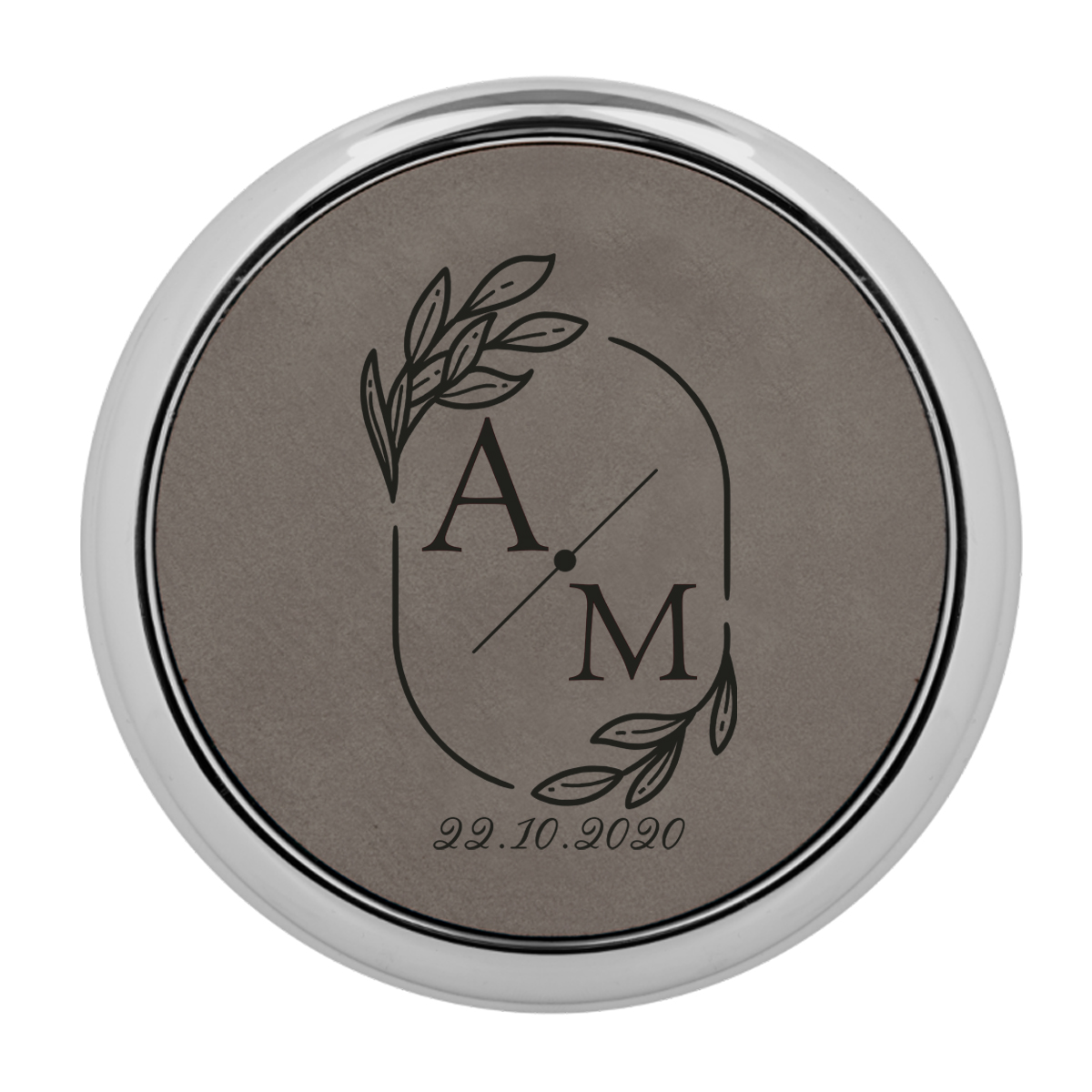 Personalized Wedding Monogram Round Leatherette Coaster w/ Silver Edge Set - Image 6
