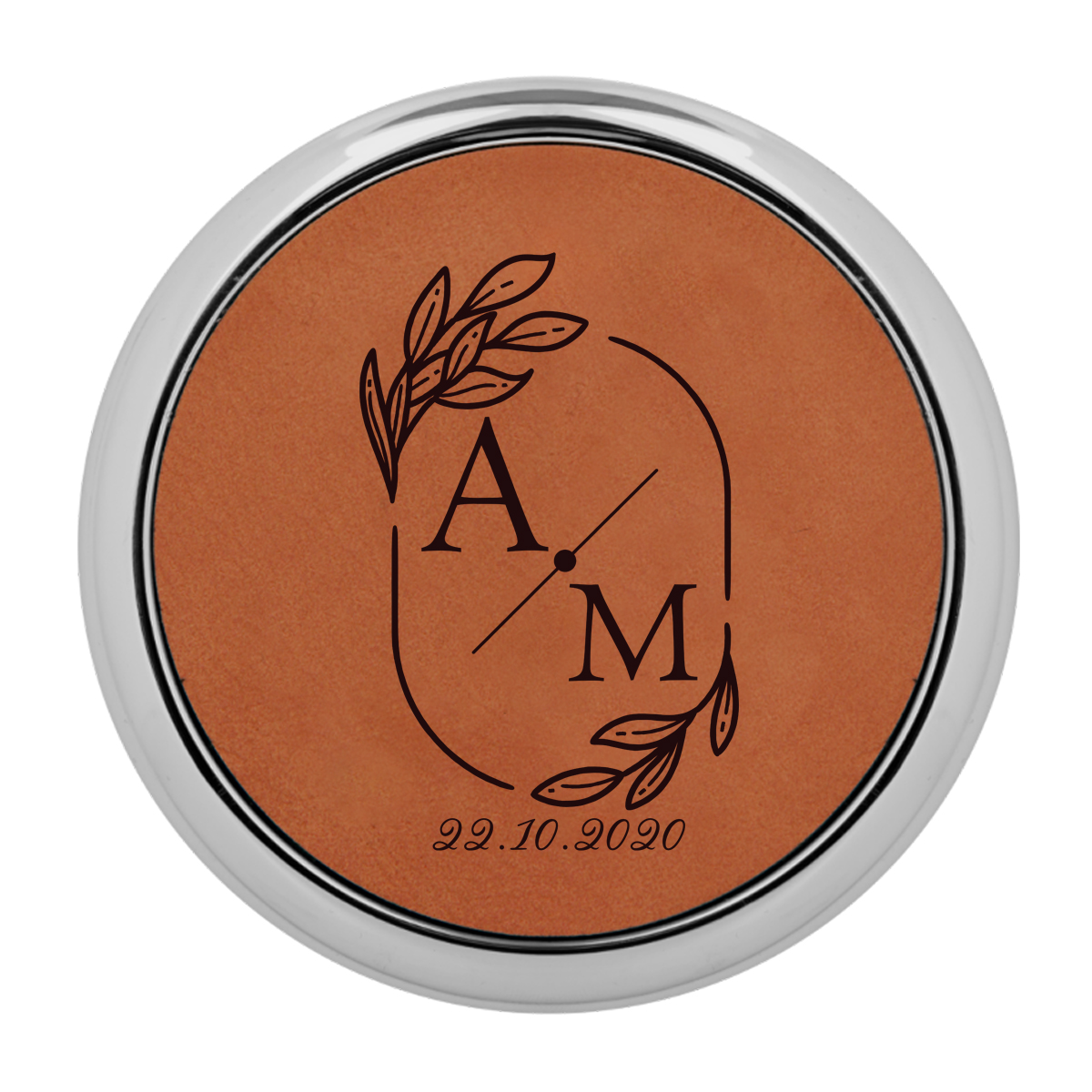 Personalized Wedding Monogram Round Leatherette Coaster w/ Silver Edge Set - Image 5