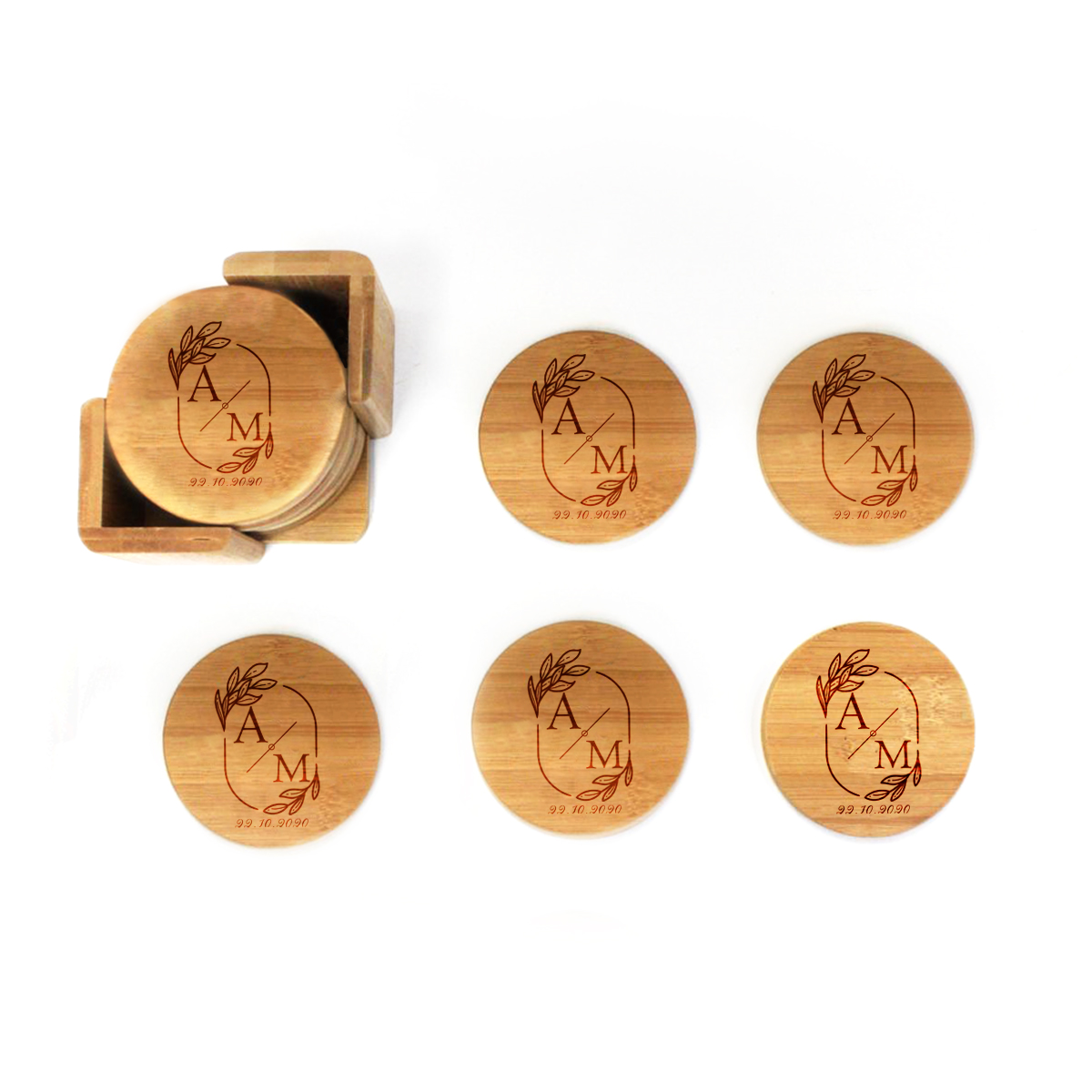 Personalized Wedding Monogram Round Bamboo Coaster Set - Image 5