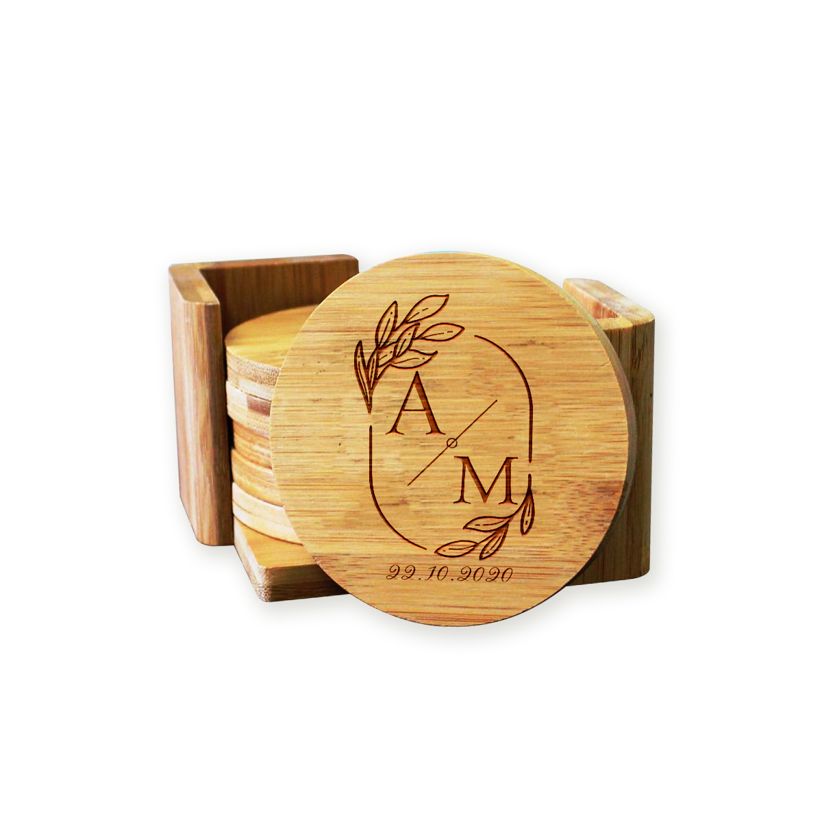 Personalized Wedding Monogram Round Bamboo Coaster Set - Image 4