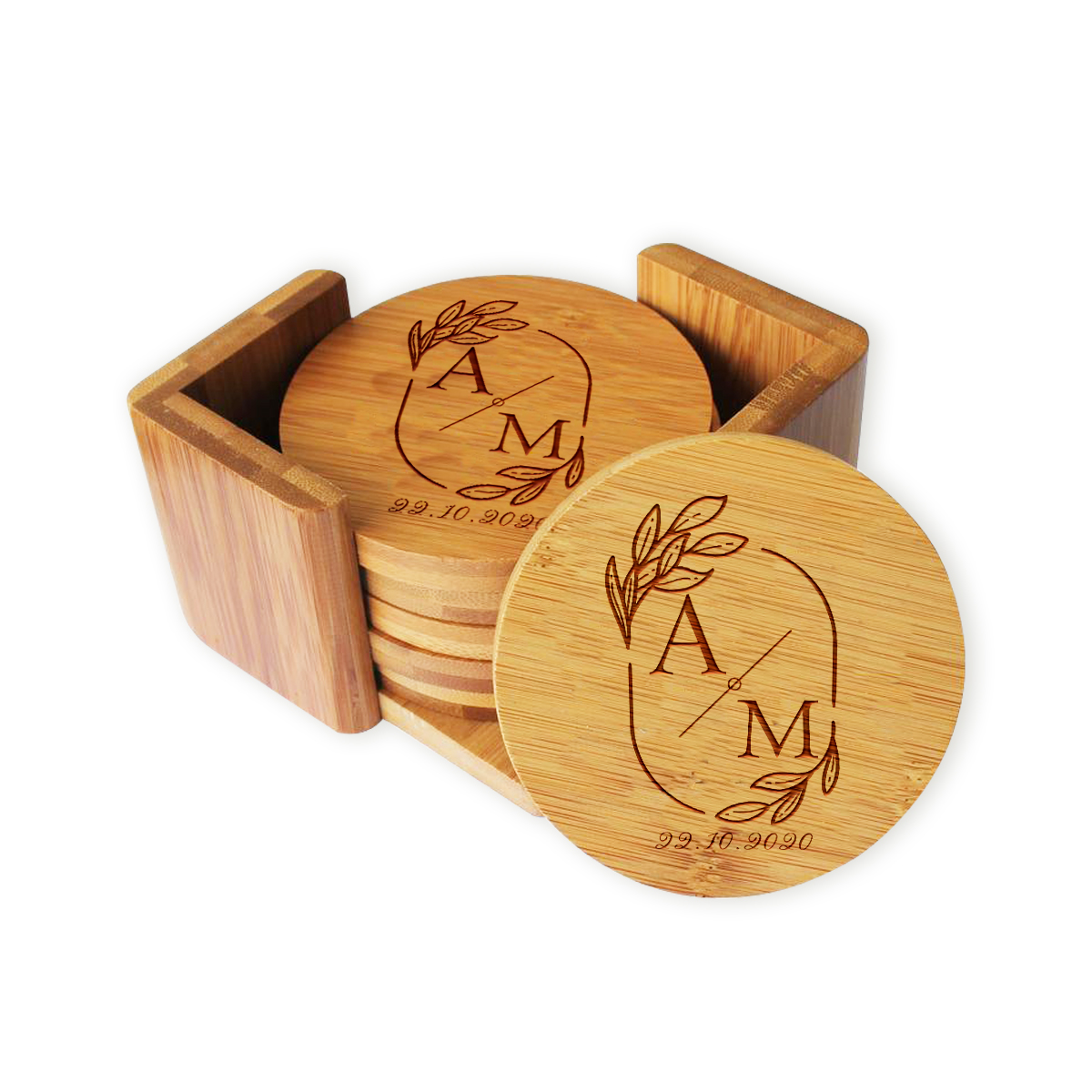 Personalized Wedding Monogram Round Bamboo Coaster Set - Image 3