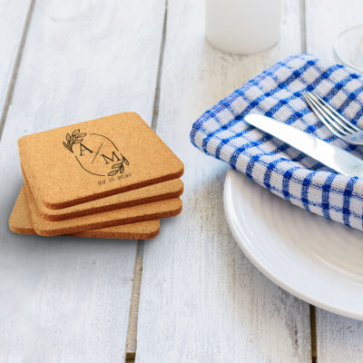 Personalized Wedding Monogram Square Cork Coaster Set