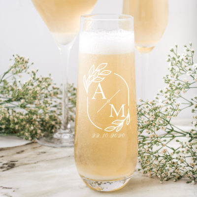 Personalized Wedding Monogram Stemless Flute Glasses Set of 2