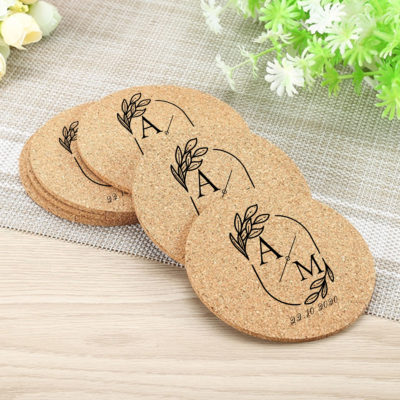 Personalized Wedding Monogram Round Cork Coaster Set