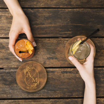 Personalized Wedding Monogram Round Leatherette Coaster Set