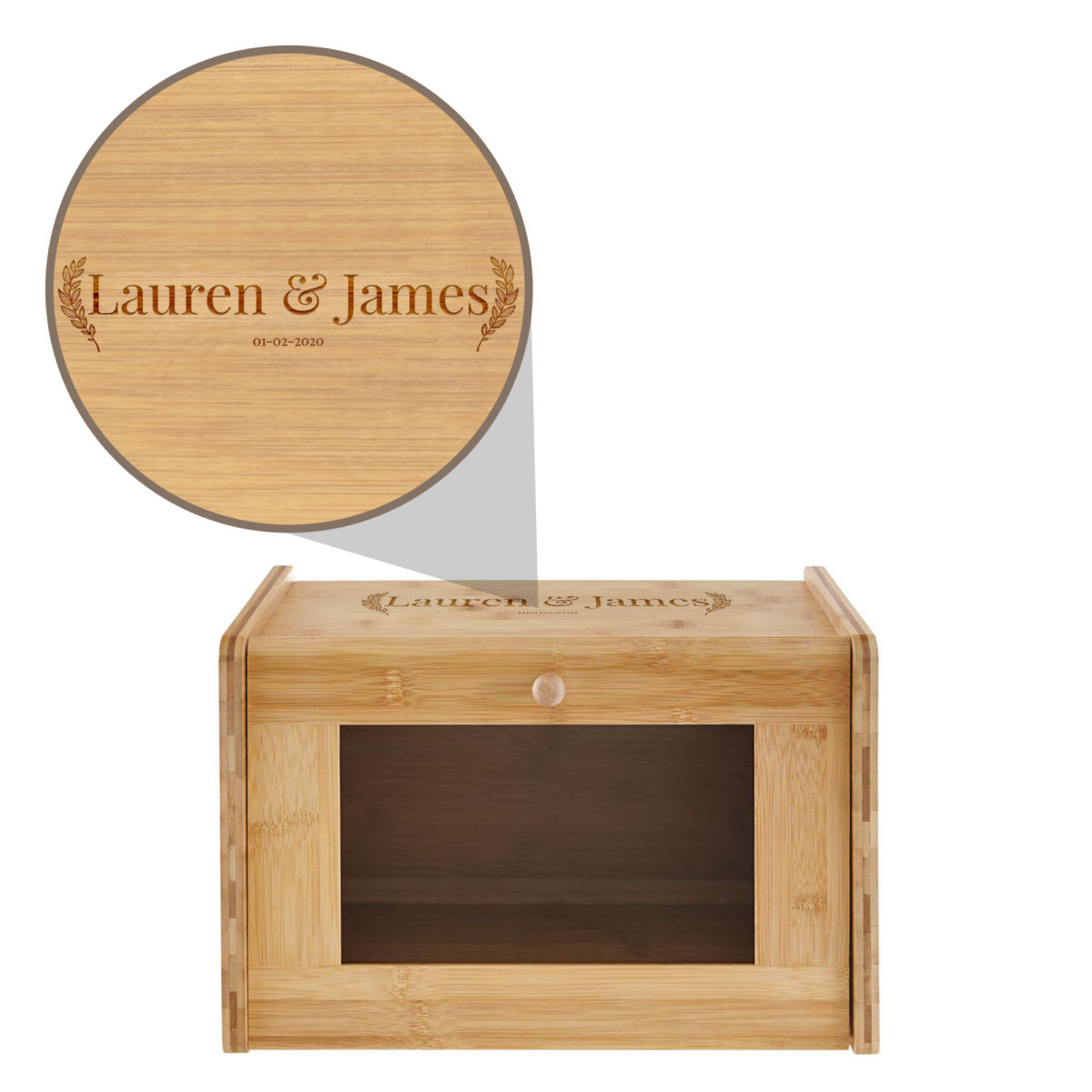 Personalized Laurel Seal Bamboo Bread Box with Acrylic Glass Window - Image 3